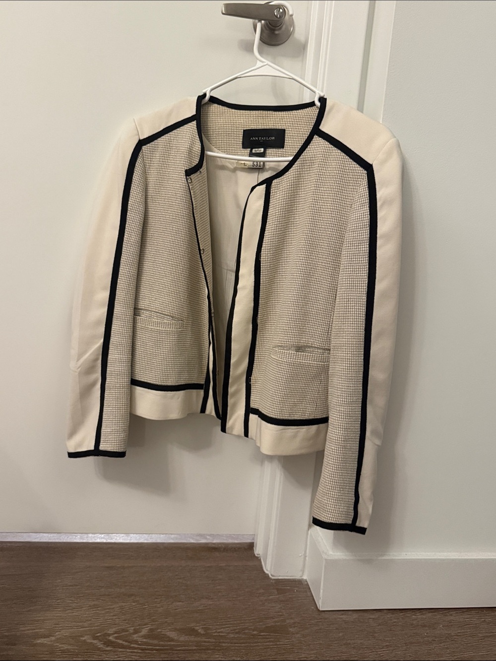 Ann Taylor Cream Jacket with Black Piping